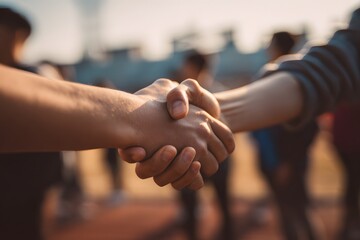 A firm handshake between two individuals, symbolizing trust, agreement, and successful partnership with a warm, sunlit background.