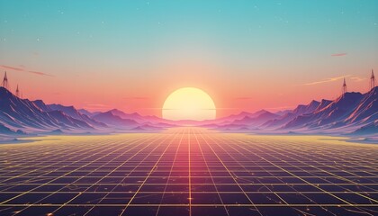 Synthwave Sunset over Grid Textured Virtual Landscape
