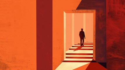 Silhouette man walking through geometric architecture with stairs and dramatic shadows, surreal illustration