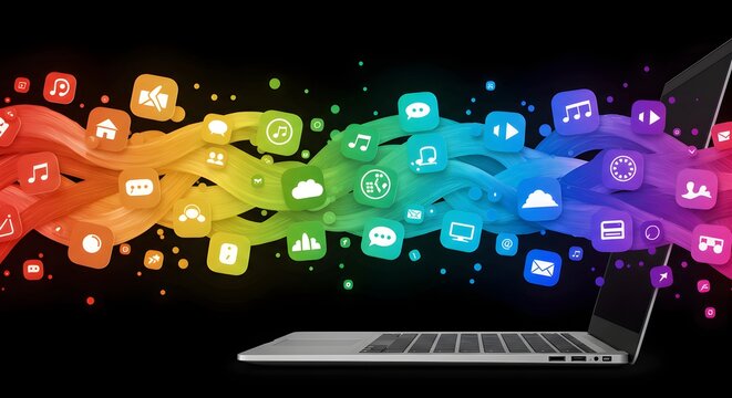 Laptop emitting a rainbow stream of social media icons against a black background in a digital display