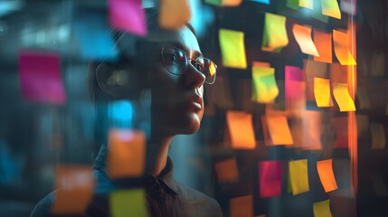 Creative business strategist analyzing project tasks on a scrum board with colorful adhesive notes.