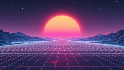 Synthwave Sunset over Grid Textured Virtual Landscape