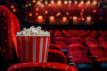 Bucket of popcorn on red velvet cinema seat in empty theater with blurred stage lights in the background. Cozy movie night atmosphere.
