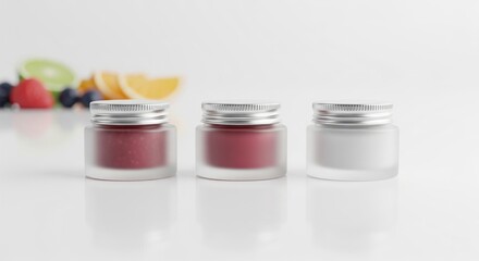 Frosted matte glass cosmetic jars mockup with a fruit background.