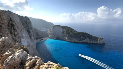 Stunning coastal view of turquoise waters and rocky cliffs at a beach in Greece