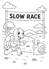 Coloring book turtle and snail starting a slow race