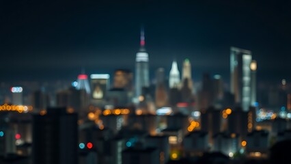 A vibrant city skyline illuminated by glowing lights against a softly blurred night backdrop.