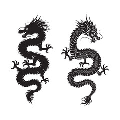 Two black silhouette chinese dragons facing each other