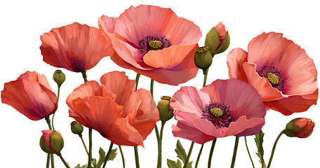 Obraz premium 3 poppy flowers on transparent background, png clipart, no shadow