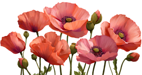 3 poppy flowers on transparent background, png clipart, no shadow