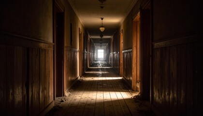 A long, dark hallway with wood paneling and doors, illuminated by a bright light at the far end.