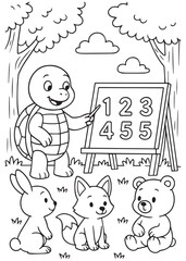  Coloring book turtle teaching numbers to forest animals.