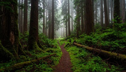 Obraz premium Misty forest path winds through lush, moss-covered ancient trees.