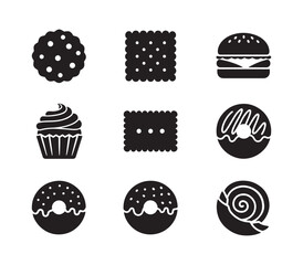 Collection of black and white food icons featuring desserts and fast food