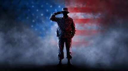 Veterans Day concept with shadowed silhouette of soldier standing in front of smoky american flag stars and stripes red white and blue thank a veteran for their service