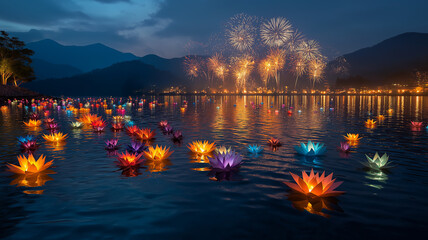 Festival of lights at mountain lake with illuminated paper boats and colorful fireworks bursting in night sky, festive atmosphere, 4k image