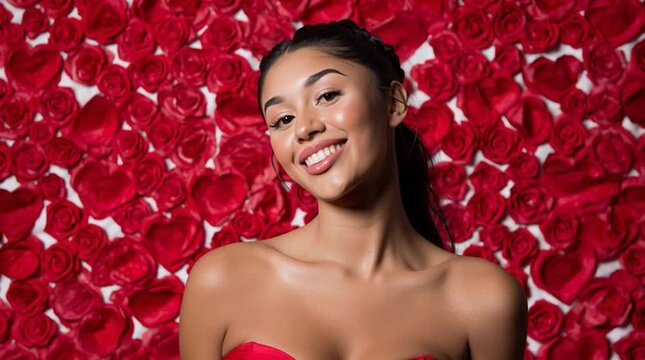 Beautiful woman on a bed of red rose petals for valentine's day