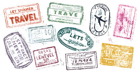  A collage of various passport stamps from different countries, including criss-crossed and overlapping stamps in reds, blues, greens, and black ink on a white paper background 