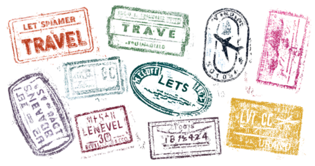  A collage of various passport stamps from different countries, including criss-crossed and overlapping stamps in reds, blues, greens, and black ink on a white paper background 