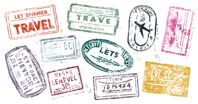  A collage of various passport stamps from different countries, including criss-crossed and overlapping stamps in reds, blues, greens, and black ink on a white paper background  - Powered by Adobe