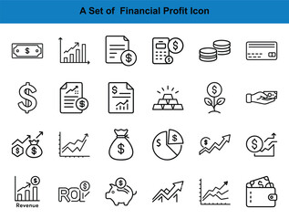 Several black line art icons depict financial growth and money concepts clearly on white