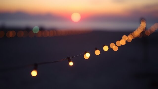 Beachside ambiance with glowing string lights creating a warm sunset atmosphere. - Powered by Adobe
