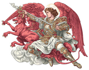 St. Michael the Archangel fighting with a red devil, vector illustration, transparent background.