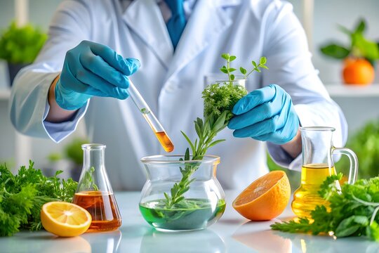 A scientist in a lab coat and gloves carefully handles plant samples and liquids in glassware for research