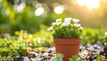 Succulent plant in terracotta pot, bathed in sunlight