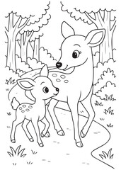 Coloring book mother deer walking with her baby deer through the forest path.