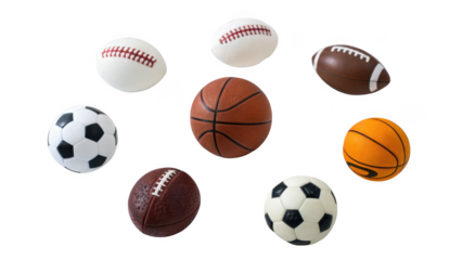 Collection of various sports balls arranged in a circular pattern isolated on transparent background