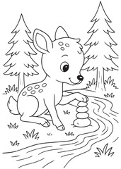 Coloring book deer stacking stones beside a forest stream.