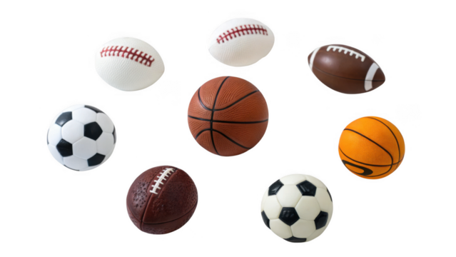 Collection of various sports balls arranged in a circular pattern isolated on transparent background