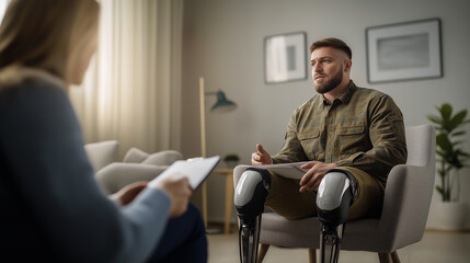 A man with a prosthetic leg discussing his feelings and challenges with a psychologist. A guy with a prosthesis in therapy, discussing his thoughts with a therapist. Military rehabilitation after war.