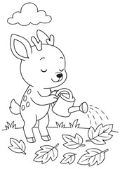Coloring book deer watering garden plants in autumn.
