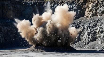 Dust cloud and flying rocks erupt violently from a rock pile in a rugged quarry landscape.