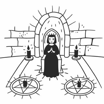 Vector art of queen witch on throne with pentagrams and candles in a castle dungeon black and white illustration vector illustration