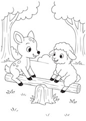 Coloring book deer sitting on a log and talking with a sheep.