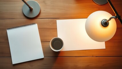 Warm desk scene with notebook, coffee, and lamp
