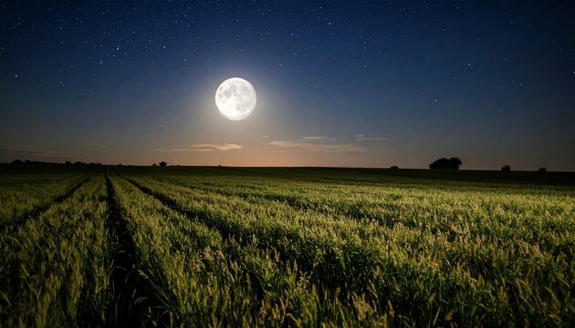 A bright full moon illuminates a vast field of green crops under a starry night sky. - Powered by Adobe