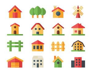 Fototapeta premium Comprehensive collection of simplified building graphics showcasing residential domiciles and community structures with a distinct architectural aesthetic