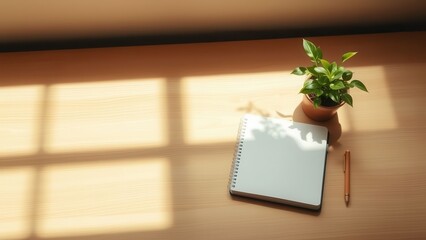 Sunlit desk with open notebook and plant

