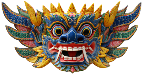  A colorful Thai mask with sharp teeth, transparent background 