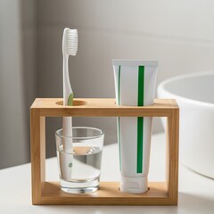 dental care products in a clean, bright bathroom, emphasizing hygiene and oral health