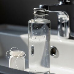 dental care products in a clean, bright bathroom, emphasizing hygiene and oral health