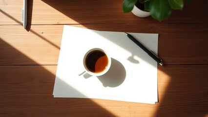 Creative writing workspace with papers and coffee

