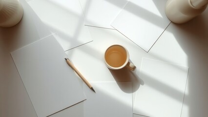 Creative writing workspace with papers and coffee
