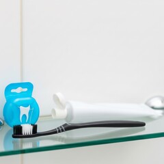 dental care products in a clean, bright bathroom, emphasizing hygiene and oral health