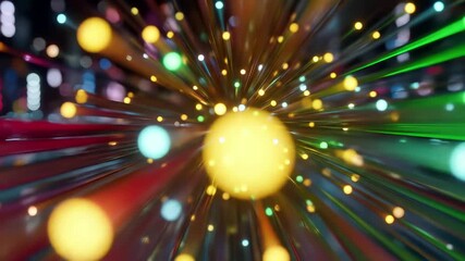 Dynamic radial motion blur with bright golden center and colorful light streaks. Abstract speed burst effect with particles, bokeh lights, and energy rays explosive movement pattern. Futuristic