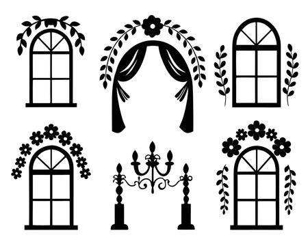 Elegant wedding floral arch and window frame collection featuring delicate botanical elements for celebratory event decor and invitations